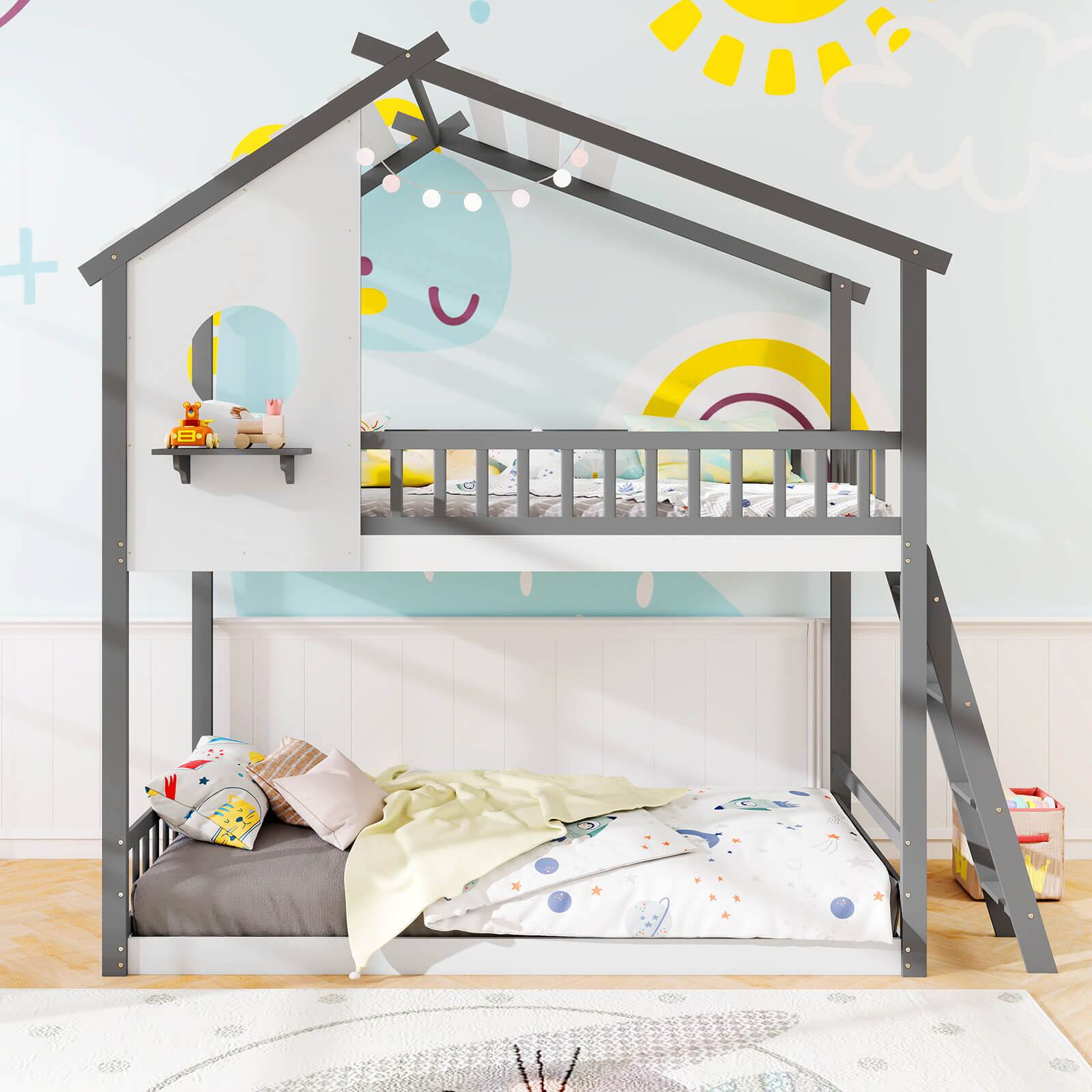 Alt View 1. Costway - Costway Twin over Twin House Bunk Bed with Roof Ladder & Full-length Guardrails for Kids - White & Gray.