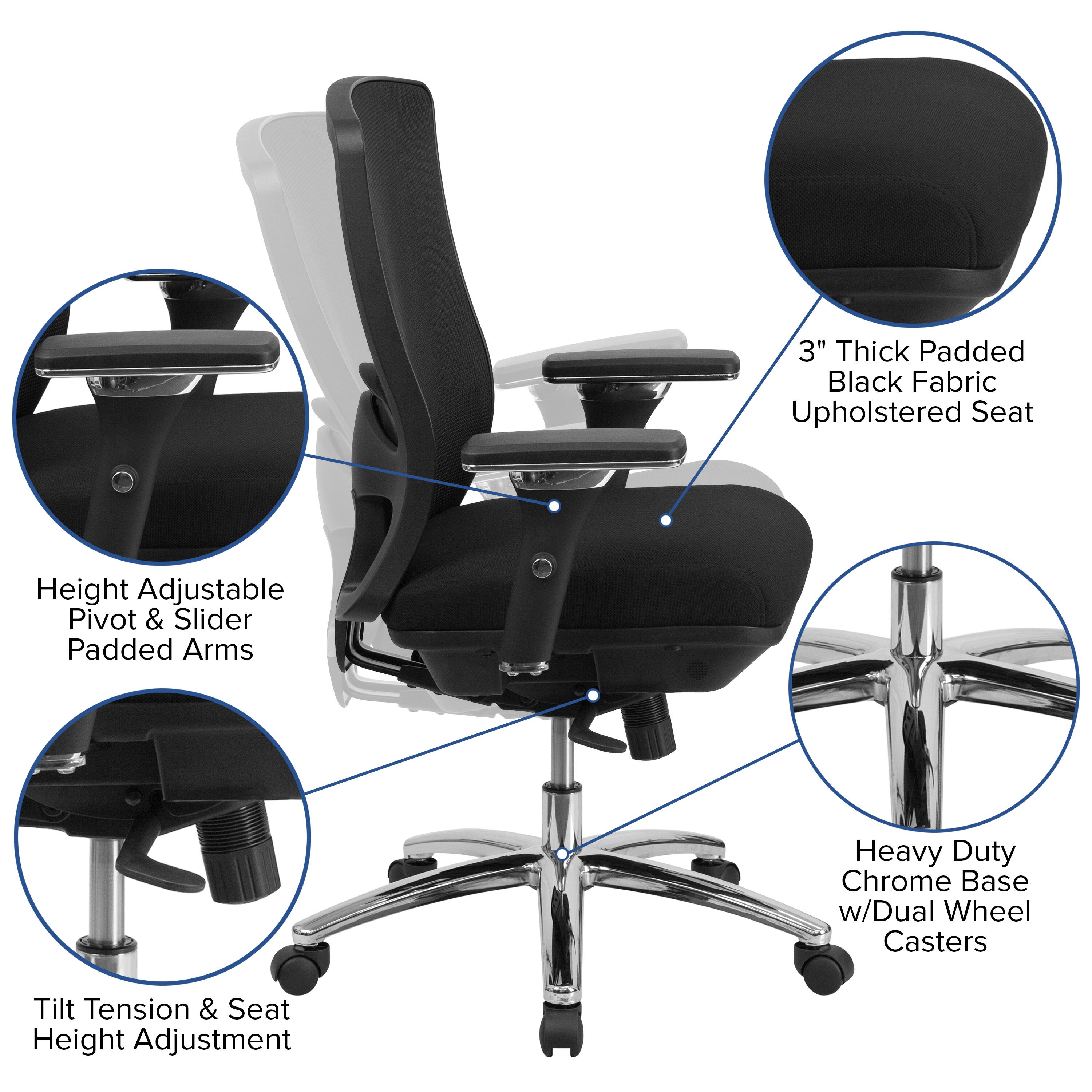 3" Thick Padded Black Fabric Upholstered Seat  
Height Adjustable Pivot & Slider Padded Arms  
Heavy Duty Chrome Base w/Dual Wheel Casters  
Tilt Tension & Seat Height Adjustment