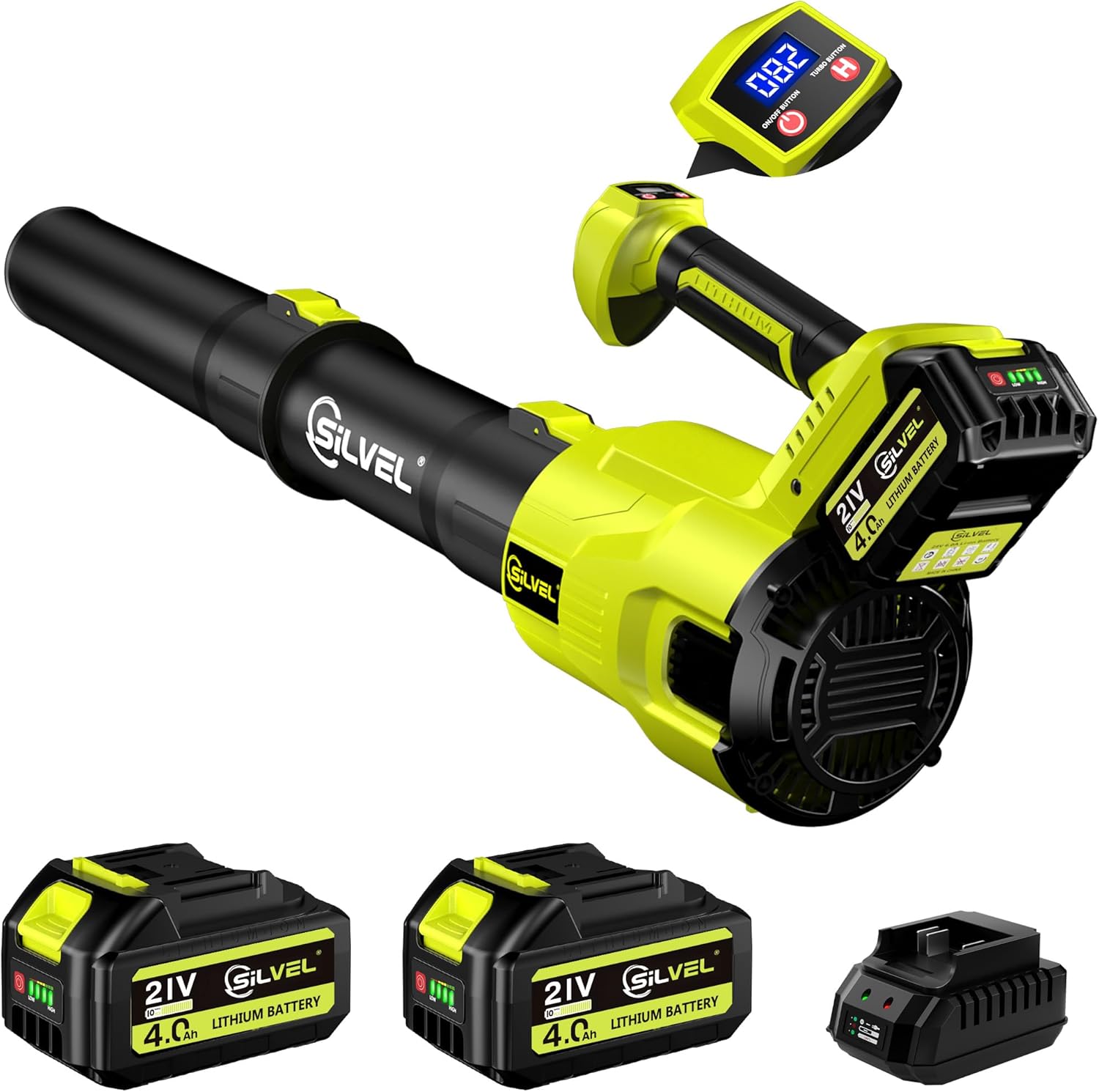 Silvel - Cordless Leaf Blower, 550CFM (160MPH) Brushless Turbo Blower, with 2x4.0Ah Battery & Charger - Green