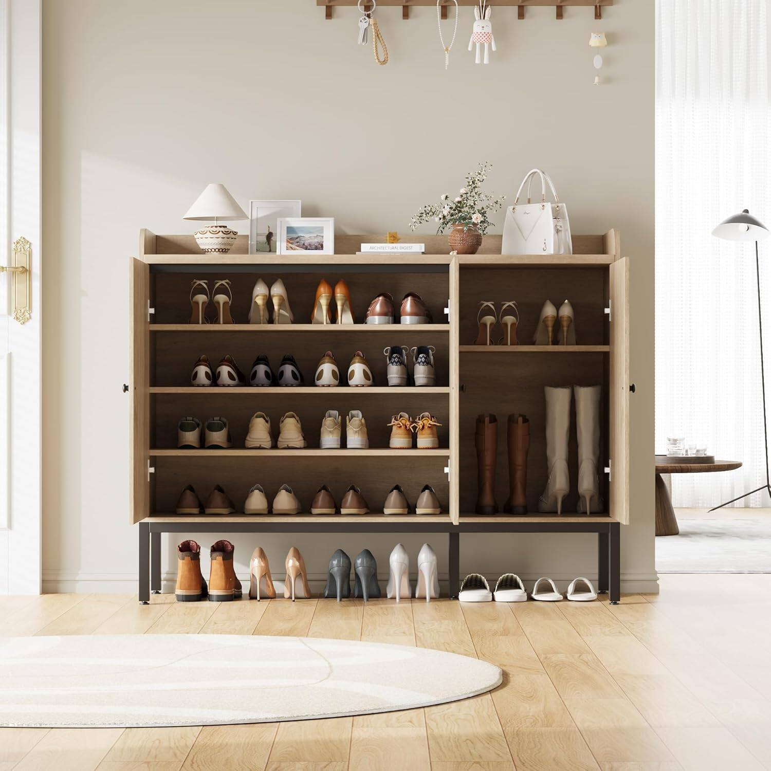 Alt View 5. Homhougo - 7-Tier Rattan Shoe Cabinet – Freestanding Shoe Storage Organizer with 3 Rattan Doors and Adjustable Shelves - Natural.