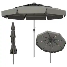 Costway - 10 FT Solar Patio Umbrella with 32 LED Lights 3-Tier Vented Top & Ruffles - Gray