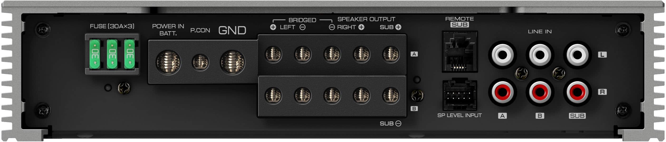 C FUSE (30Ax3) POWER IN P.CON GND BATT. BRIDGED + LEFT SPEAKER OUTPUT RIGHT + SUB + REMOTE SUB LINE IN DE R SUB = SP LEVEL INPUT A