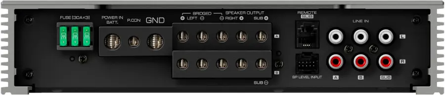 C FUSE (30Ax3) POWER IN P.CON GND BATT. BRIDGED + LEFT SPEAKER OUTPUT RIGHT + SUB + REMOTE SUB LINE IN DE R SUB = SP LEVEL INPUT A