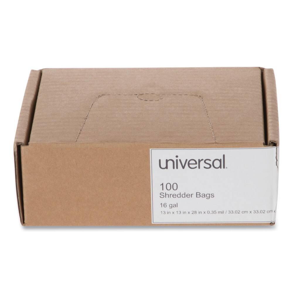 universal  
100 Shredder Bags  
16 gal  
13 in x 13 in x 28 in x 0.35 mil / 33.02 cm x 33.02 cm x