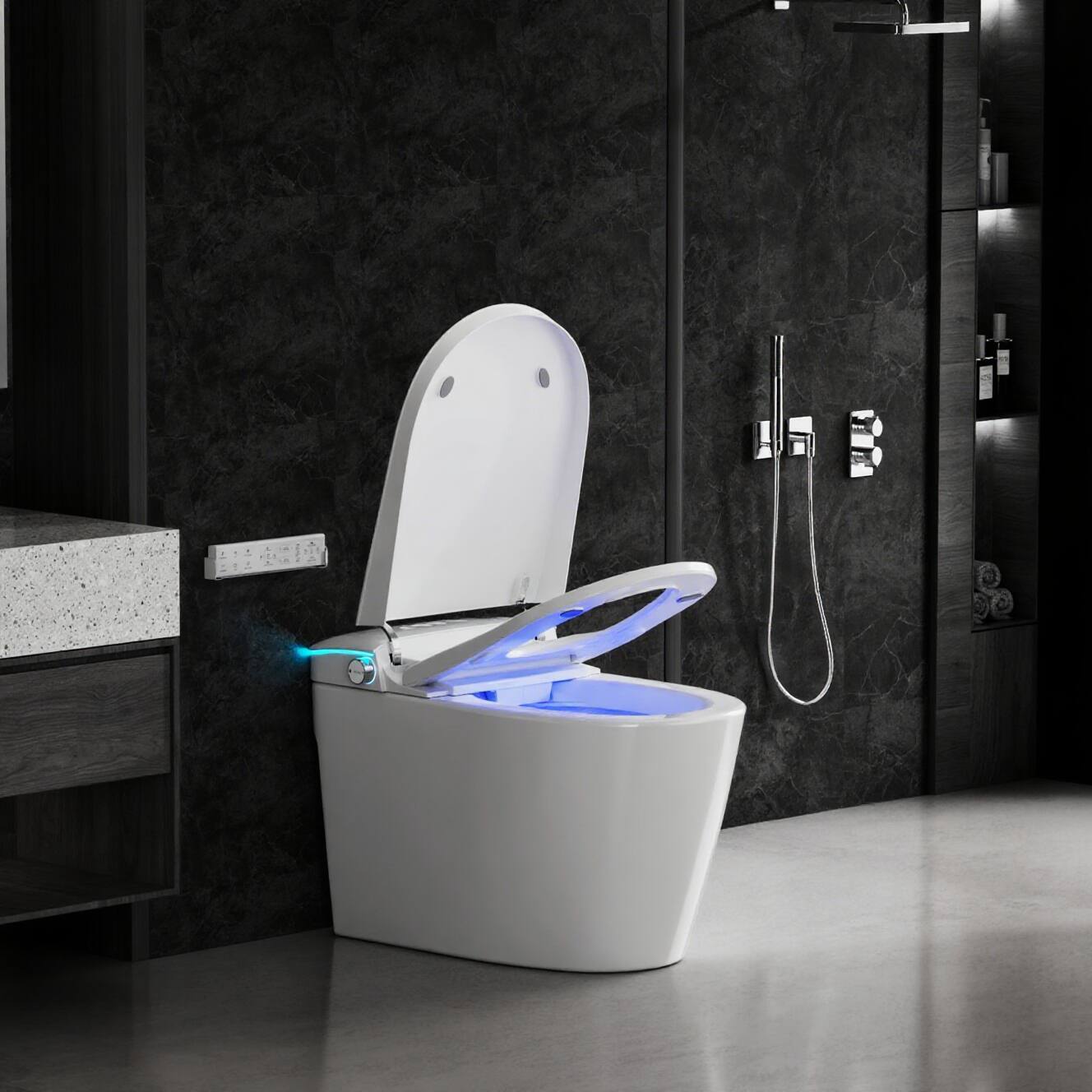 Angle. Dyonery - Smart Toilet with Tank Auto Lid, Foot Sensor Heated Seat, Bidet Wash, Warm Air Dryer, Remote Control - White.