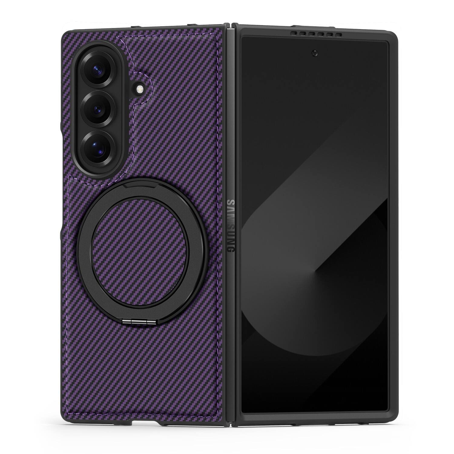 Angle. Dteck - Magnetic Case for Samsung Galaxy Z Fold7,Shockproof Hard PC Back Cover,Rugged Phone Cover with Rotatable Metal Kickstand - Purple.