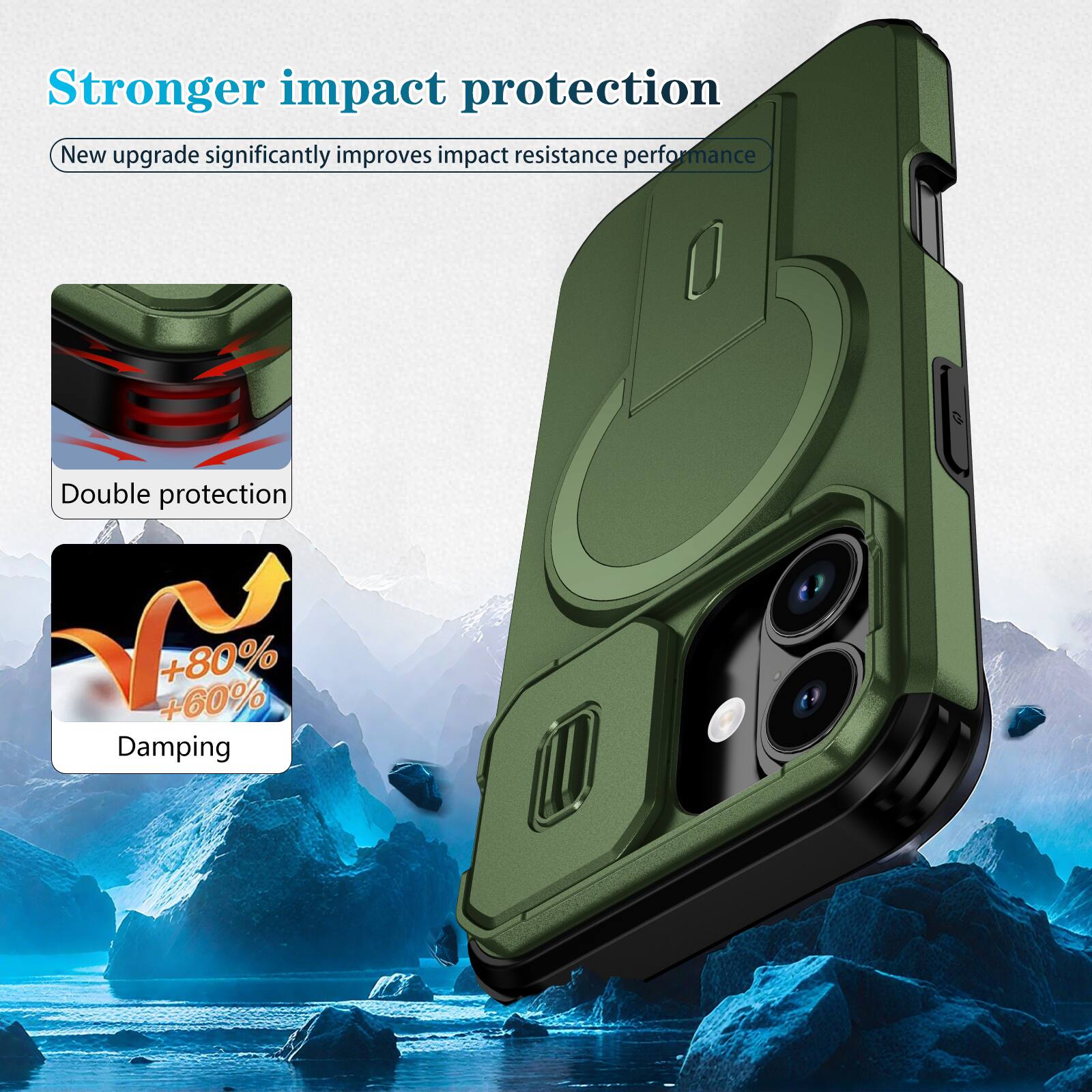 Stronger impact protection  
New upgrade significantly improves impact resistance performance  
Double protection  
+80% +60% Damping