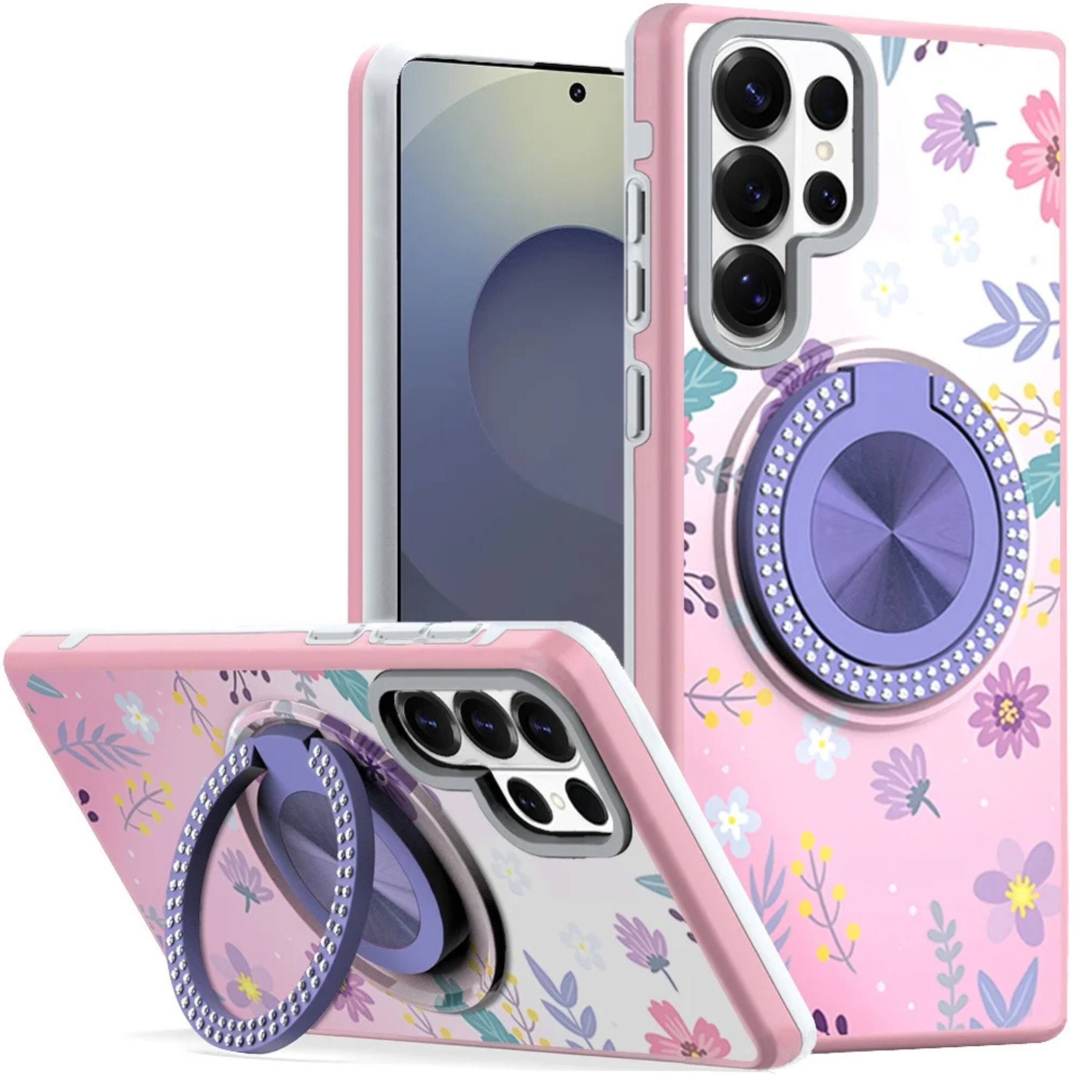 Front. Kitcheniva - Stylish Bling Ring Stand Protective Case With Tempered Glass For Samsung S26 Ultra Floral Garden - Pink.
