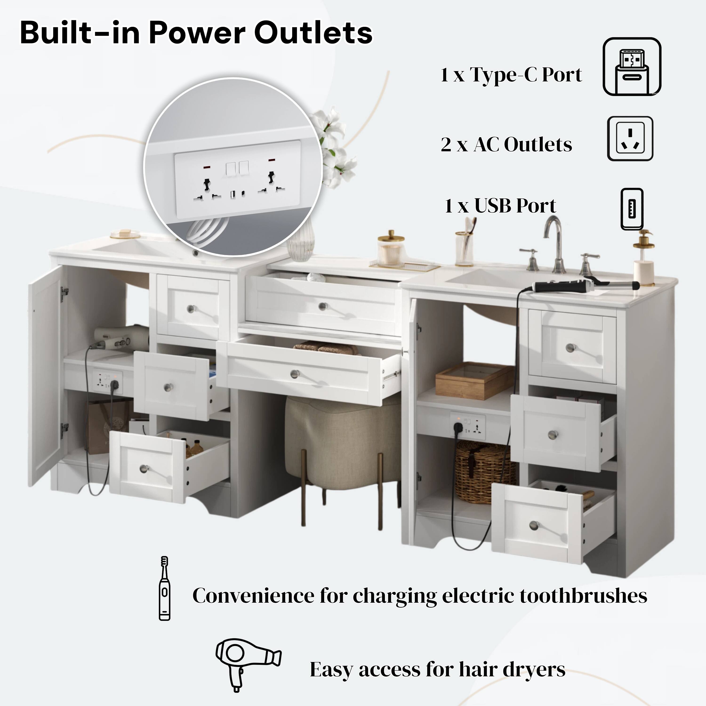 Built-in Power Outlets

1 x Type-C Port  
2 x AC Outlets  
1 x USB Port  

Convenience for charging electric toothbrushes  
Easy access for hair dryers