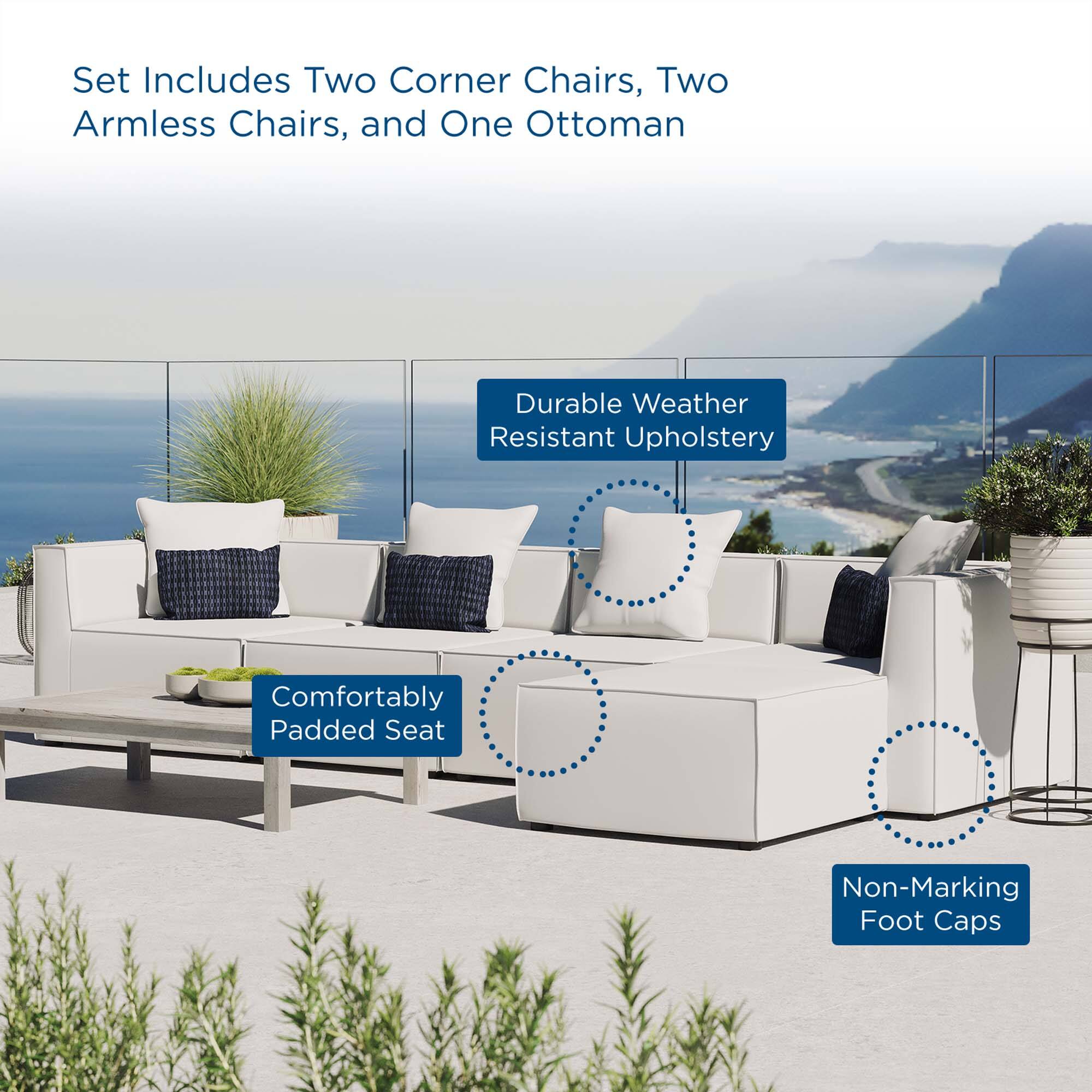 Set Includes Two Corner Chairs, Two Armless Chairs, and One Ottoman

- Durable Weather Resistant Upholstery
- Comfortably Padded Seat
- Non-Marking Foot Caps
