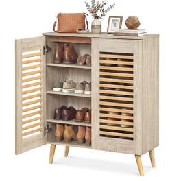 Costway - Shoe Cabinet with 2 Louvered Doors&3 Removable Shelves,5-Tier NarrowCabinet - Natural