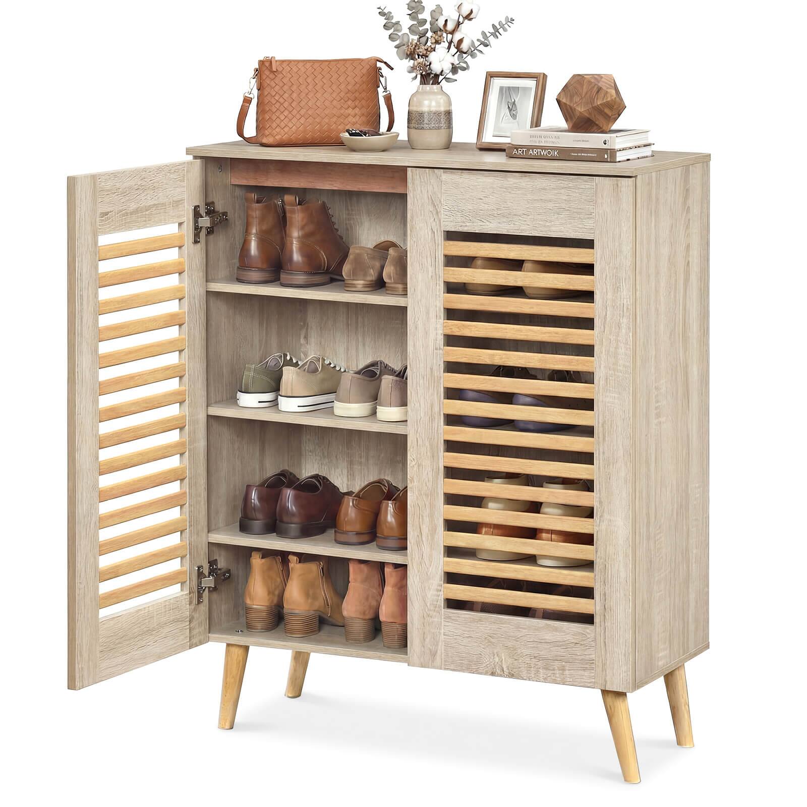Costway - Shoe Cabinet with 2 Louvered Doors&3 Removable Shelves,5-Tier NarrowCabinet - Natural