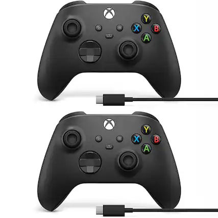 Front. Microsoft - Microsoft Xbox Wireless Controller w/USB-C Cable for PC, Carbon Black, 1V8-00001 (2-Pack) - Black.