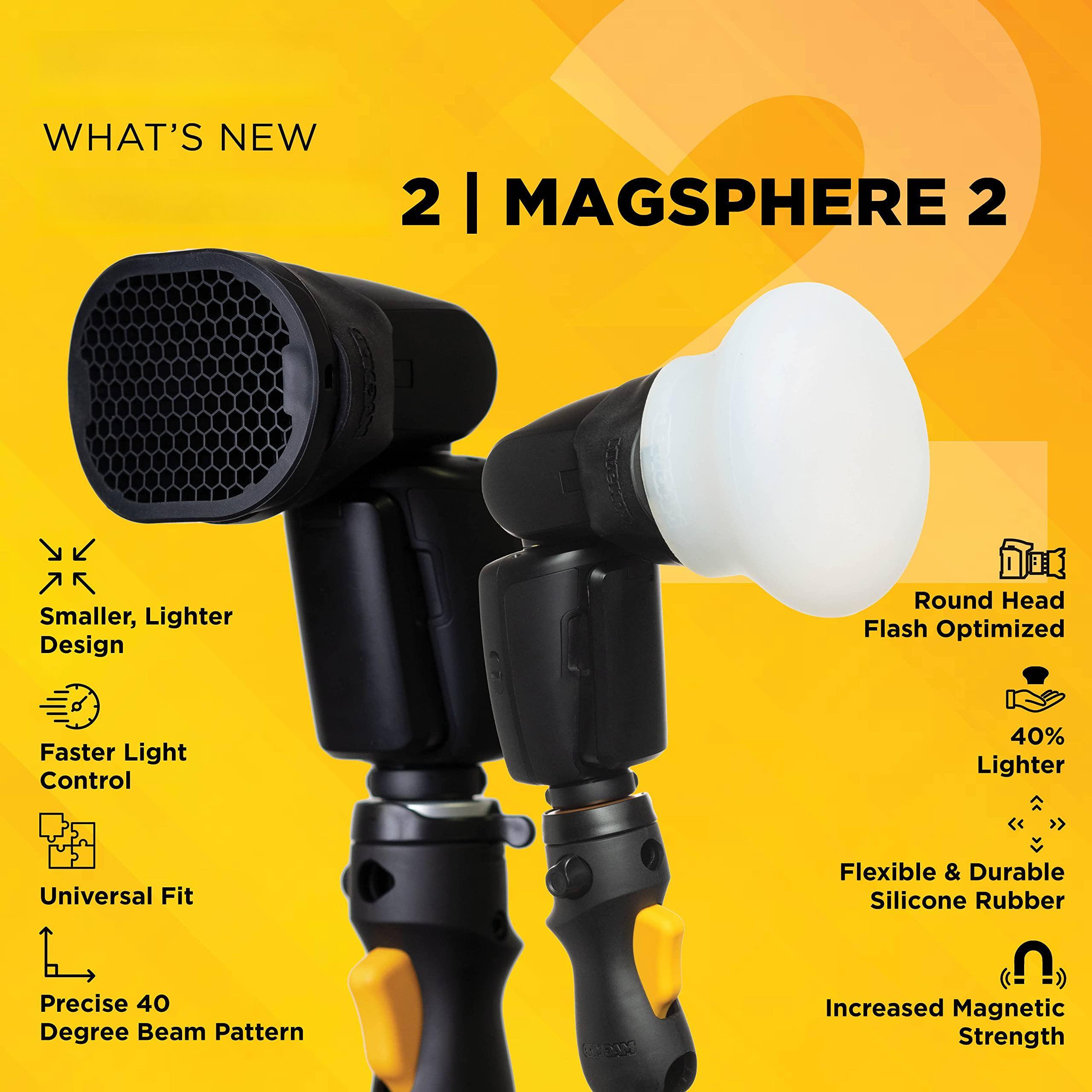**WHAT'S NEW**

**2 | MAGSPHERE 2**

- Smaller, Lighter Design
- Faster Light Control
- Universal Fit
- Precise 40 Degree Beam Pattern
- Round Head Flash Optimized
- 40% Lighter
- Flexible & Durable Silicone Rubber
- Increased Magnetic Strength