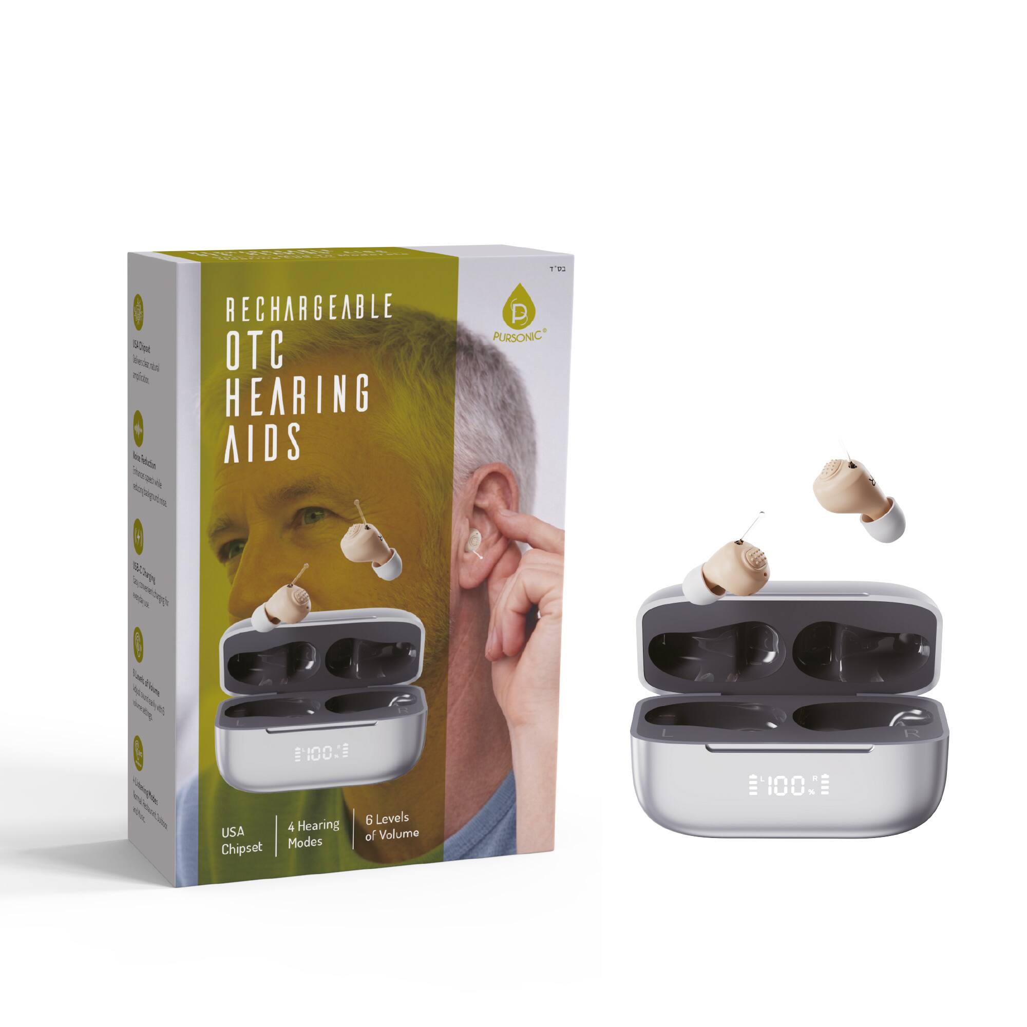 RECHARGEABLE OTC HEARING AIDS

100% PURSONIC
(500mg)

Sents-Slown Vington

1100 Hearing 6 Levels 4 USA of Volume Chipset Modes

/ 100