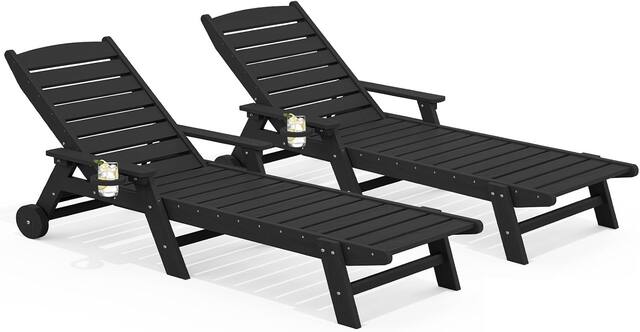 Front. SERWALL - HDPE Outdoor Lounge Chair Set of 2 with Rolling Wheels & Cup Holder for Pool - Black.