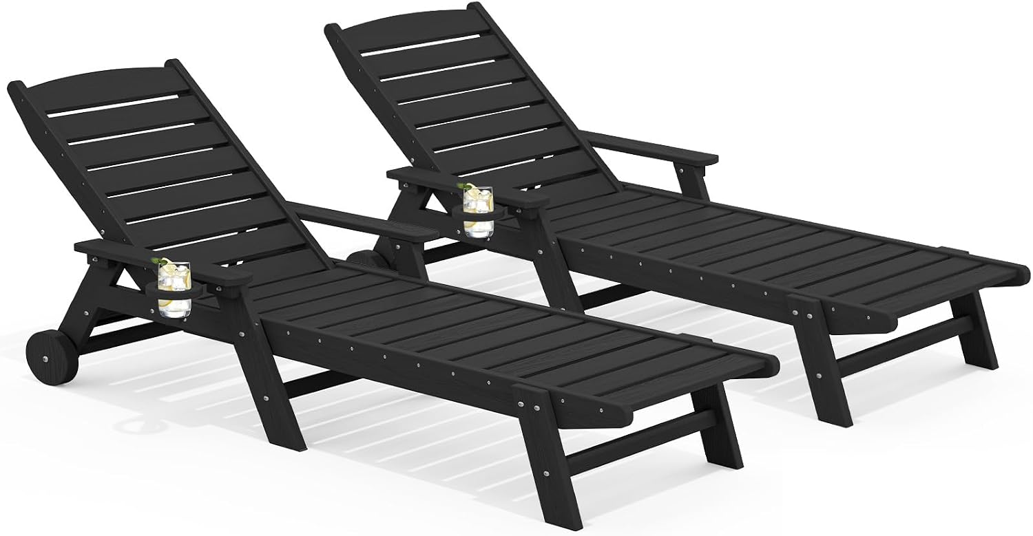 Front. SERWALL - HDPE Outdoor Lounge Chair Set of 2 with Rolling Wheels & Cup Holder for Pool - Black.