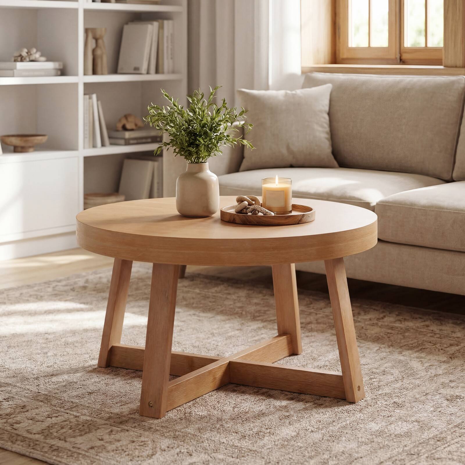 Alt View 1. Costway - Costway Round Coffee Table, 30" Wooden Center Table with Storage, Thickened Top, Cross-Shaped Pine Wood Frame - Natural.