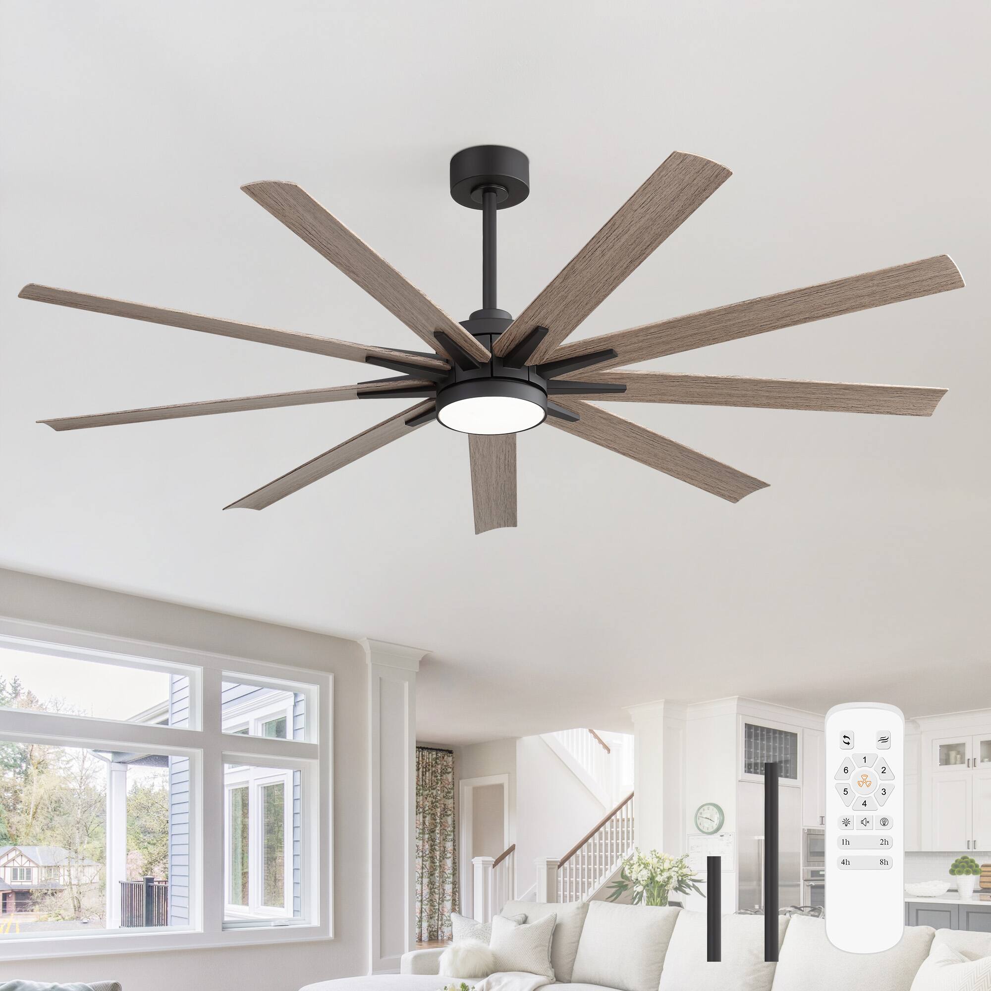 Angle. Breezary - 65-Inch LED Ceiling Fan with Light, 9 Plywood Blades, DC Motor, Remote, Includes 6 & 12 Inch Downrods, Timer - Wood grain color.