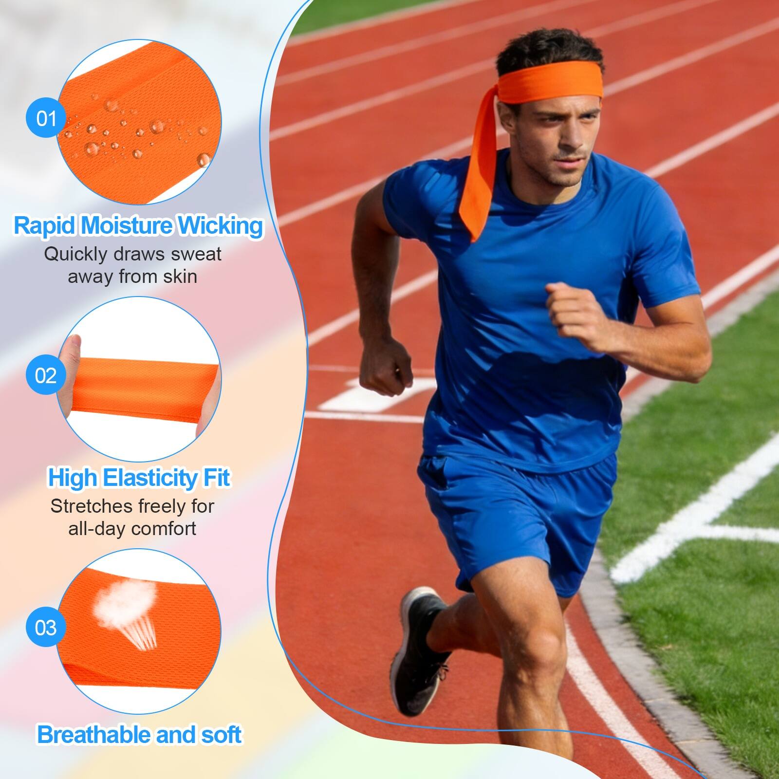 01 Rapid Moisture Wicking: Quickly draws sweat away from skin  
02 High Elasticity Fit: Stretches freely for all-day comfort  
03 Breathable and soft