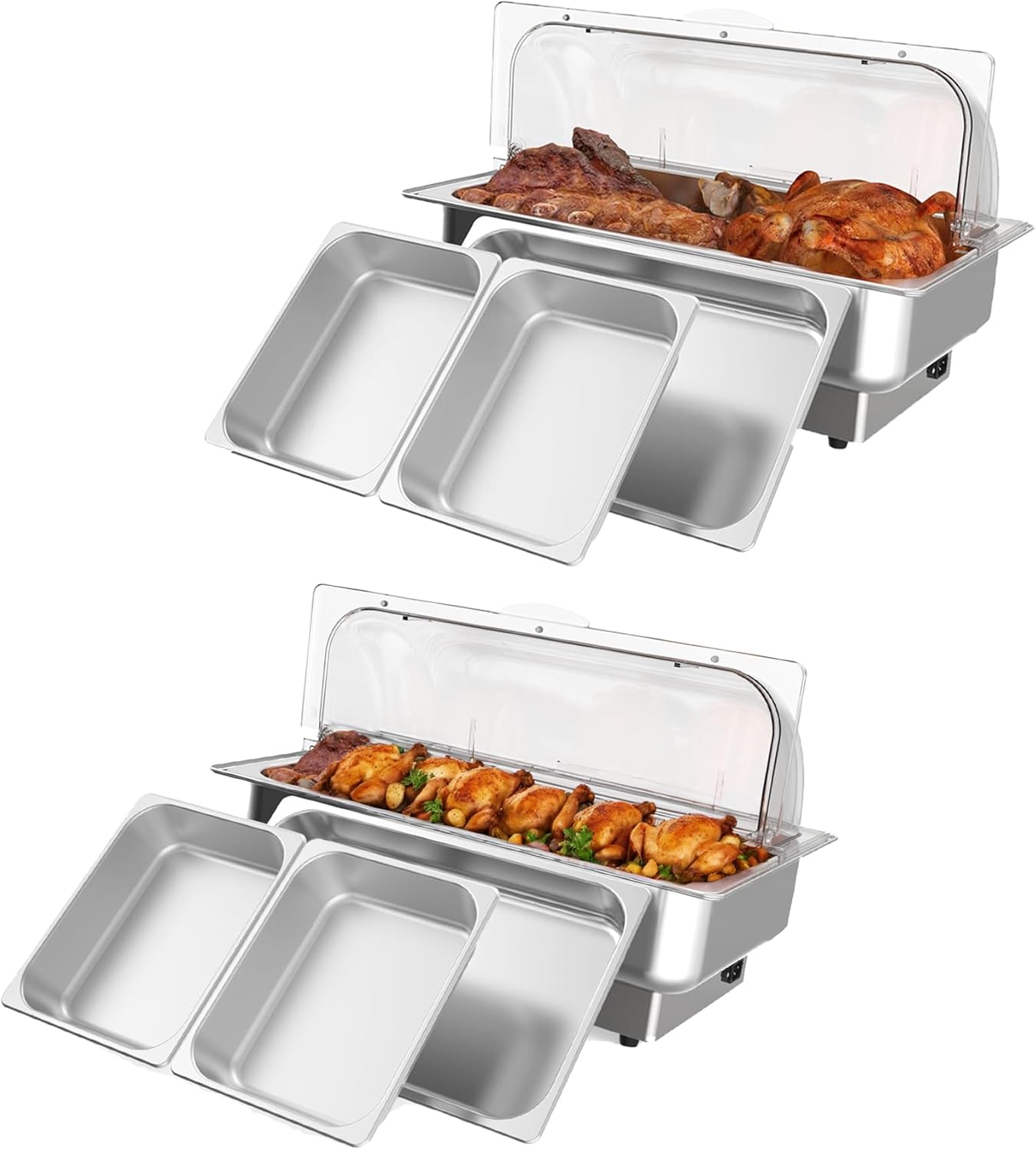 GARVEE - 2 Pack Electric Chafing Dishes Adjustable Temp Roll Top Food Warmer with 1 Full Size Pan & 2 Half-Size Pans - Silver