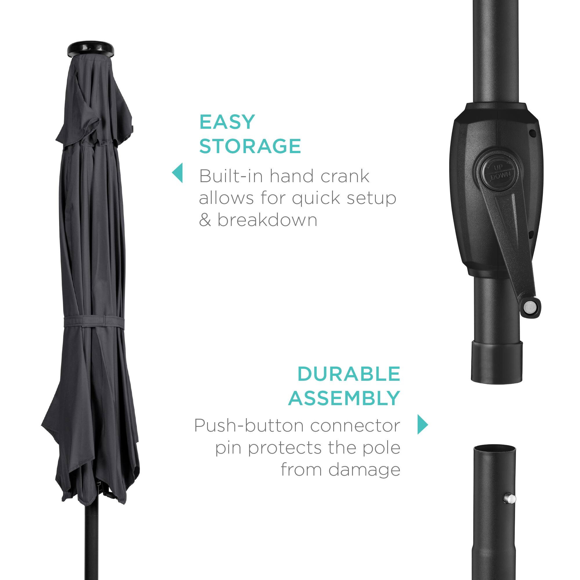 EASY STORAGE  
Built-in hand crank allows for quick setup & breakdown  

DURABLE ASSEMBLY  
Push-button connector pin protects the pole from damage