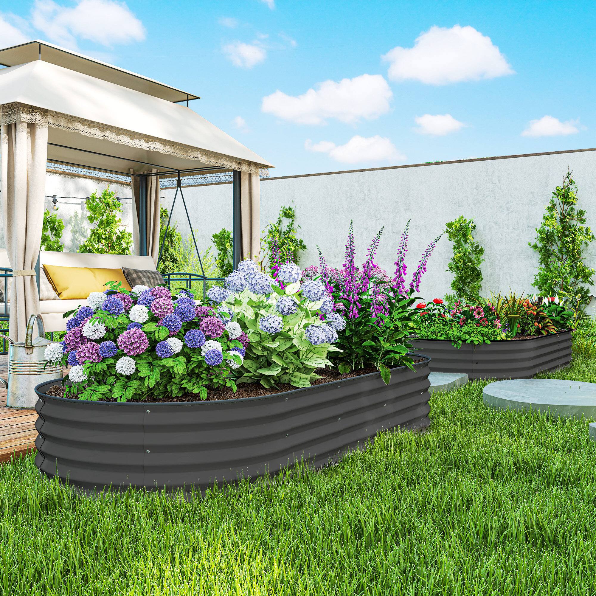 Alt View 1. Outsunny - 2PCS Galvanized Raised Garden Bed, 7' x 3' x 1' Raised Beds for Gardening with Plant Support Stakes - Dark Gray.