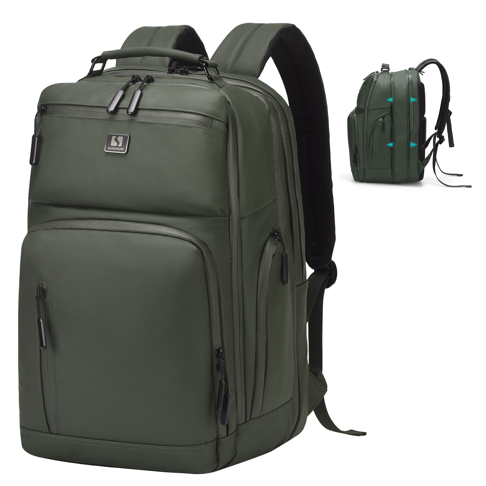 Unique Bargains - Expandable Business Backpack, Waterproof, 17" Laptop Compartment, Airline Approved, 33L-42L, Work Travel - Green