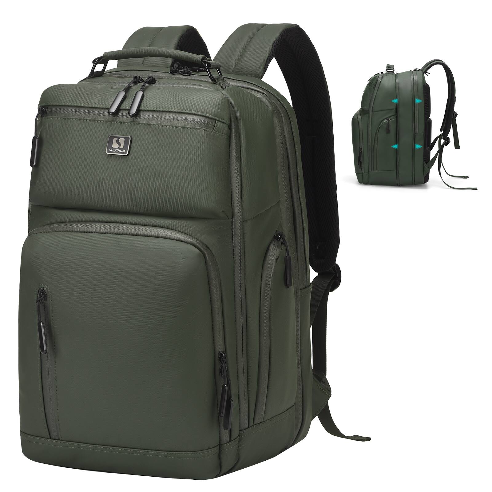Front. Unique Bargains - Expandable Business Backpack, Waterproof, 17" Laptop Compartment, Airline Approved, 33L-42L, Work Travel - Green.