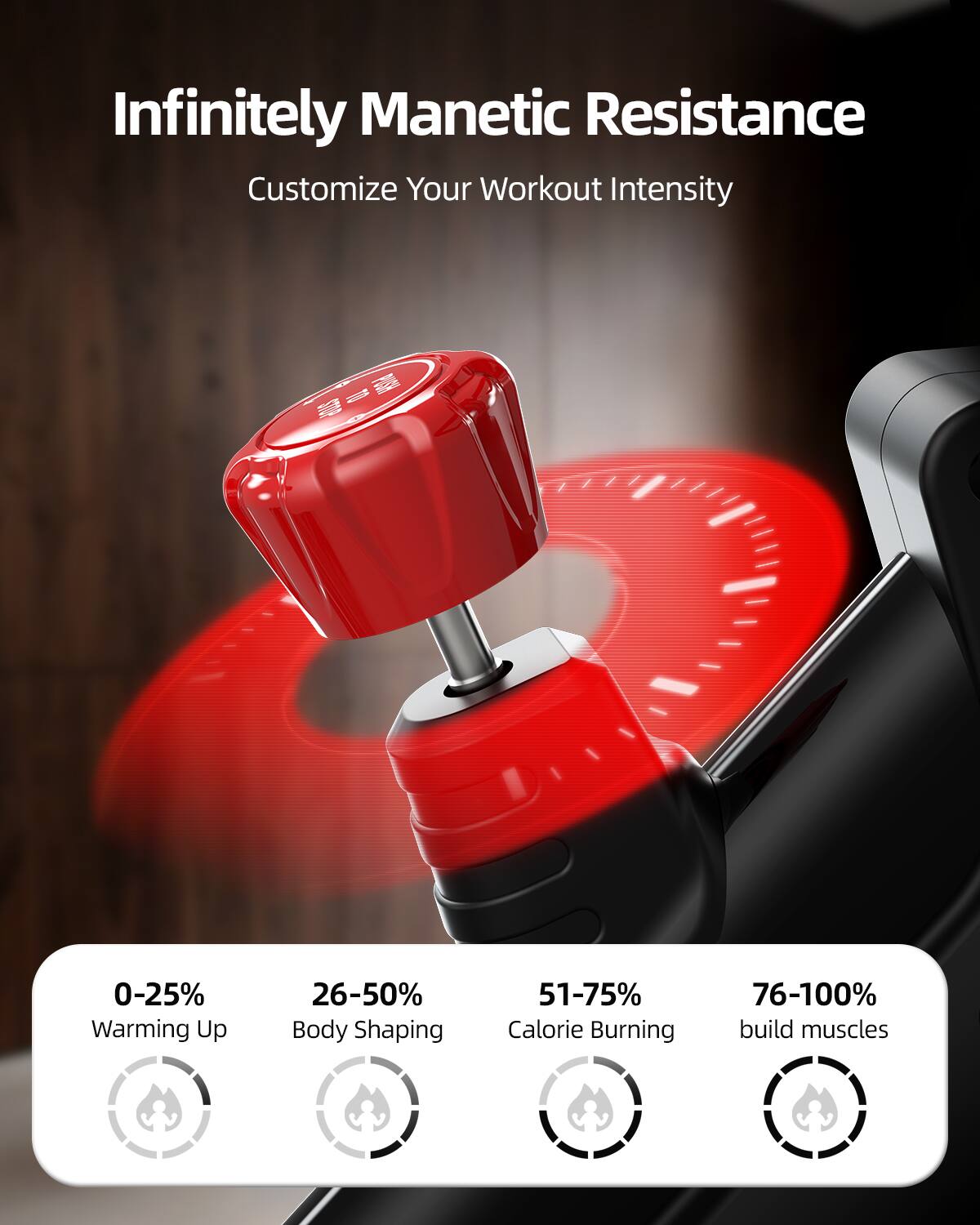 Infinitely Magnetic Resistance  
Customize Your Workout Intensity  

0-25% Warming Up  
26-50% Body Shaping  
51-75% Calorie Burning  
76-100% build muscles