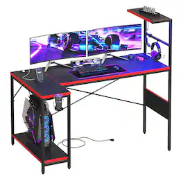 RSPGAME - 57.4'' Gaming Desk with Power Outlet LED Lights Reversible Computer Desk with Shelf Holder & Hook, Gaming Table for Home - Black & Red