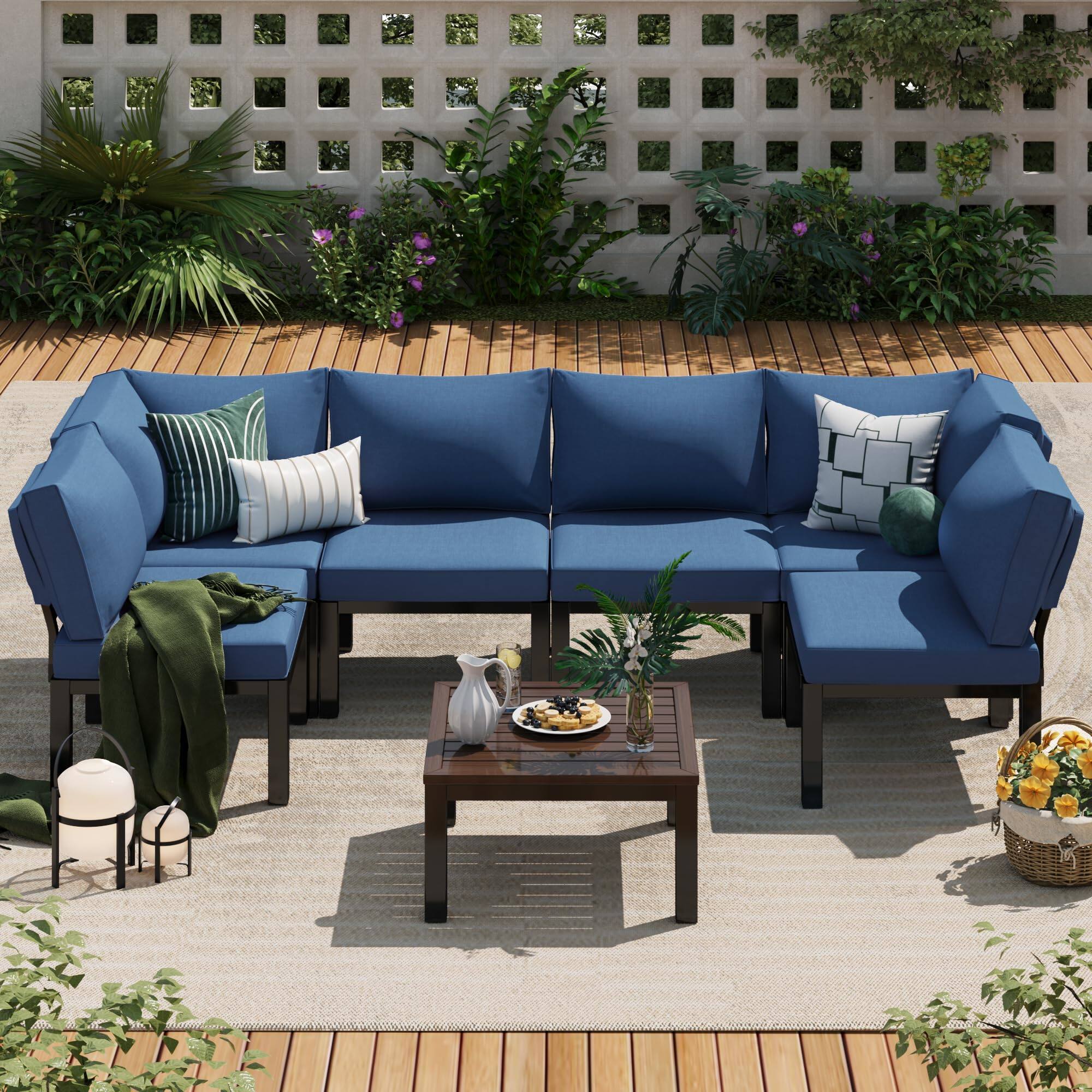 Angle. Mondawe - 7-Piece Steel Patio Seating Set with Blue-Gray Cushions - Blue+Black.