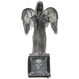 Costway - 5.5ft Halloween Animatronic Decoration Animated Praying Angel Statue with Light Up Eyes & Shaking Wings - Gray