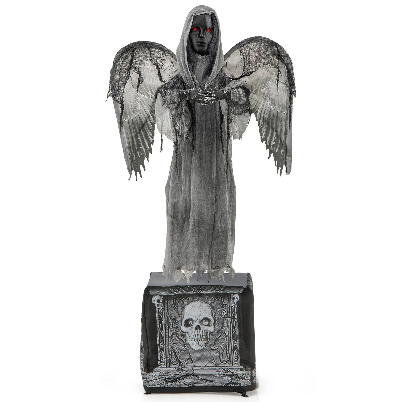Front. Costway - 5.5ft Halloween Animatronic Decoration Animated Praying Angel Statue with Light Up Eyes & Shaking Wings - Grey.