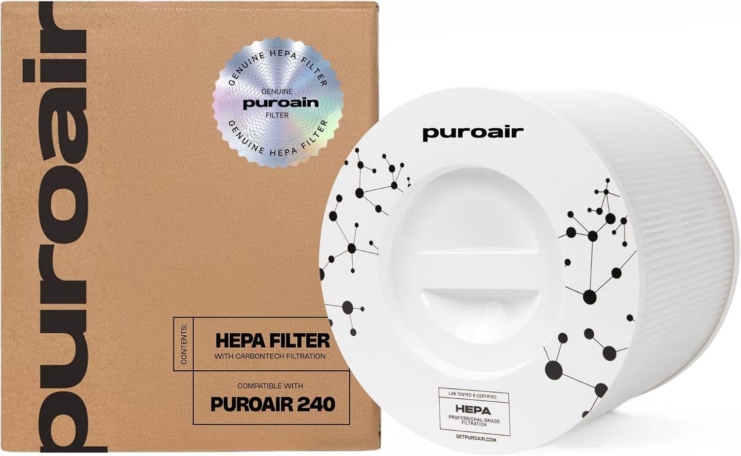 PuroAir - 240 HEPA Filter with CarbonTech 3-Layer Defense – Filters 99.9% of Pollen, Dust, Dander, Smoke & Odors - White