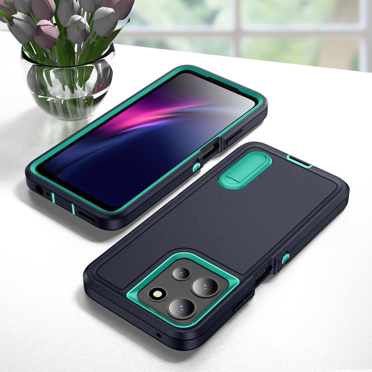 Alt View 3. Dteck - Heavy Duty Case for Motorola G 5G (2025) with Foldable Kickstand,Dual-Layer Shockproof Hard PC Soft Silicone Cover - E.