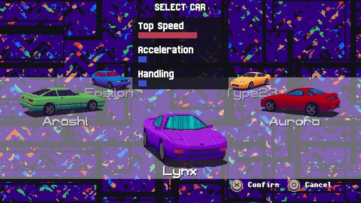 SELECT CAR  
Top Speed  
Acceleration  
Handling  
Epsilon  
Arashi  
Aurora  
Lynx  
x  
A  
Confirm  
Cancel