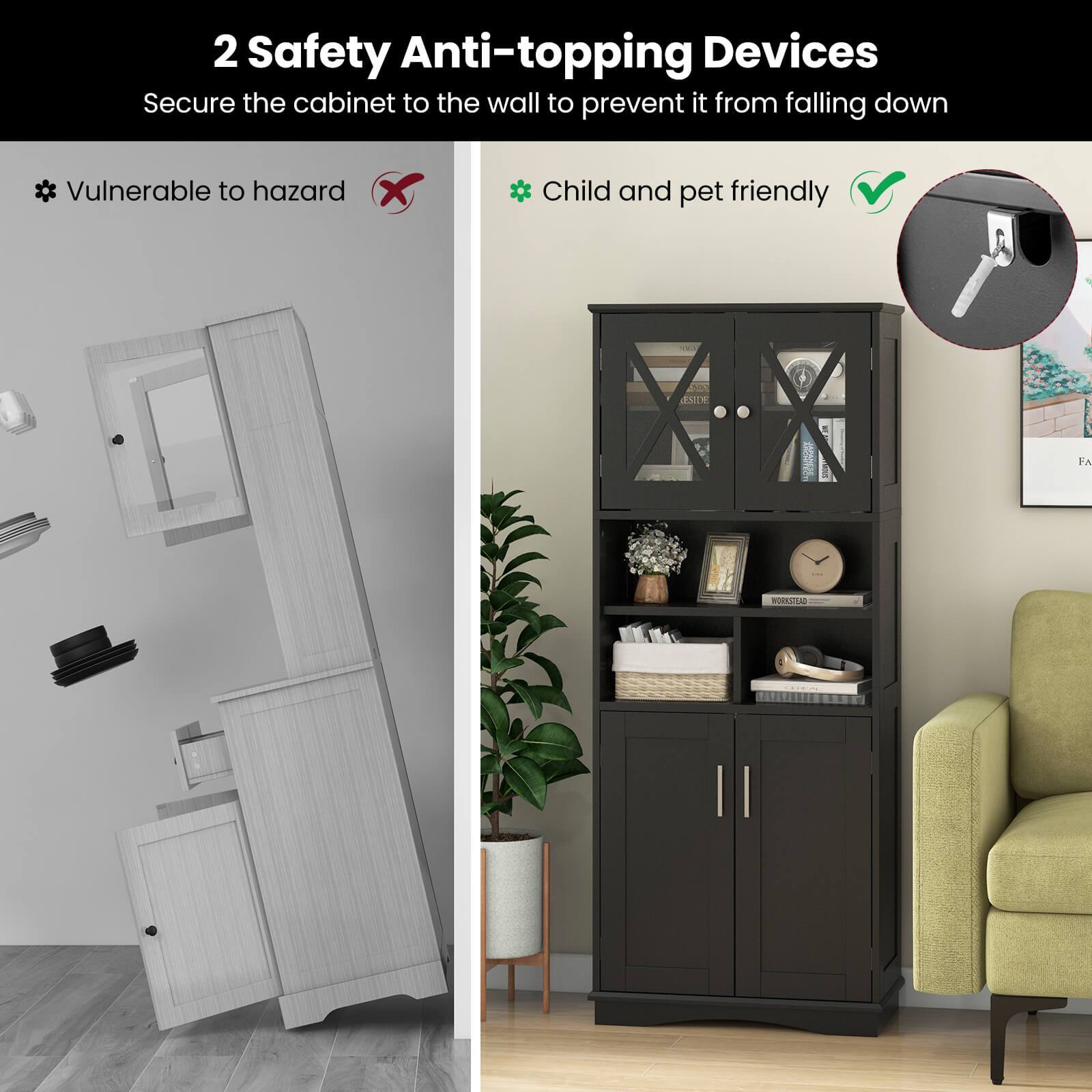 2 Safety Anti-topping Devices Secure the cabinet to the wall to prevent it from falling down * Vulnerable to hazard Child and pet friendly - kIcA FA WOWESER