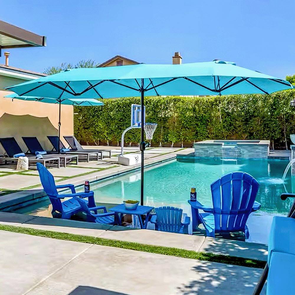 Alt View 2. PURPLE LEAF - 13 ft. Patio Market Umbrella with Base Double-Sided Outdoor Table Sun Umbrellas with Crank for Pool Beach Deck Backyard - Turquoise Blue.