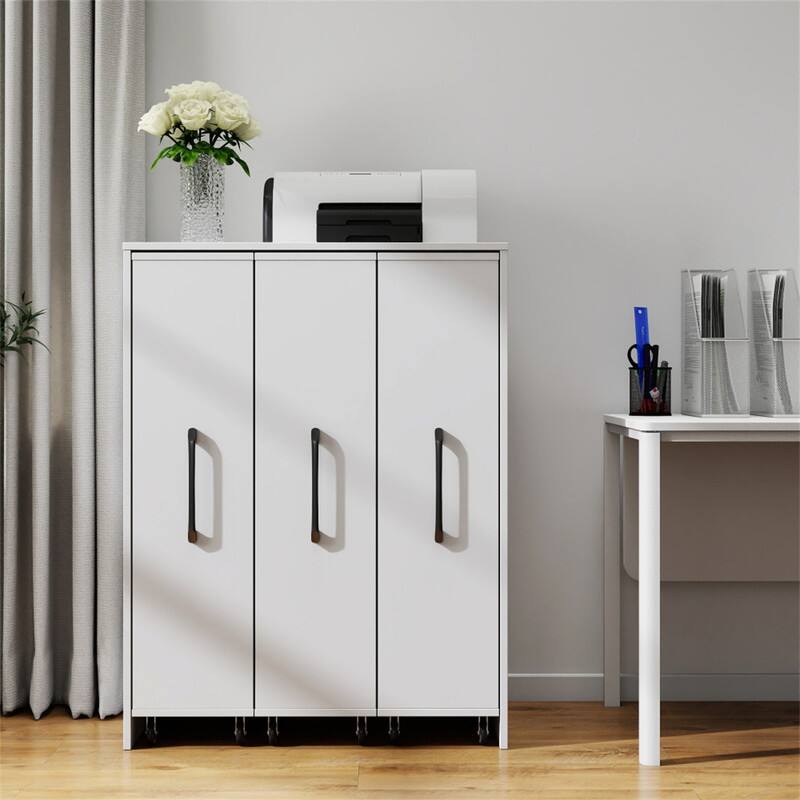 Alt View 1. HTUTWOO - Bookcase with Three Pulled Out Doors Shelving Cabinet - 3 Tier Floor Standing FIle Cabinet with Wheels,Slide Out Storage - White.