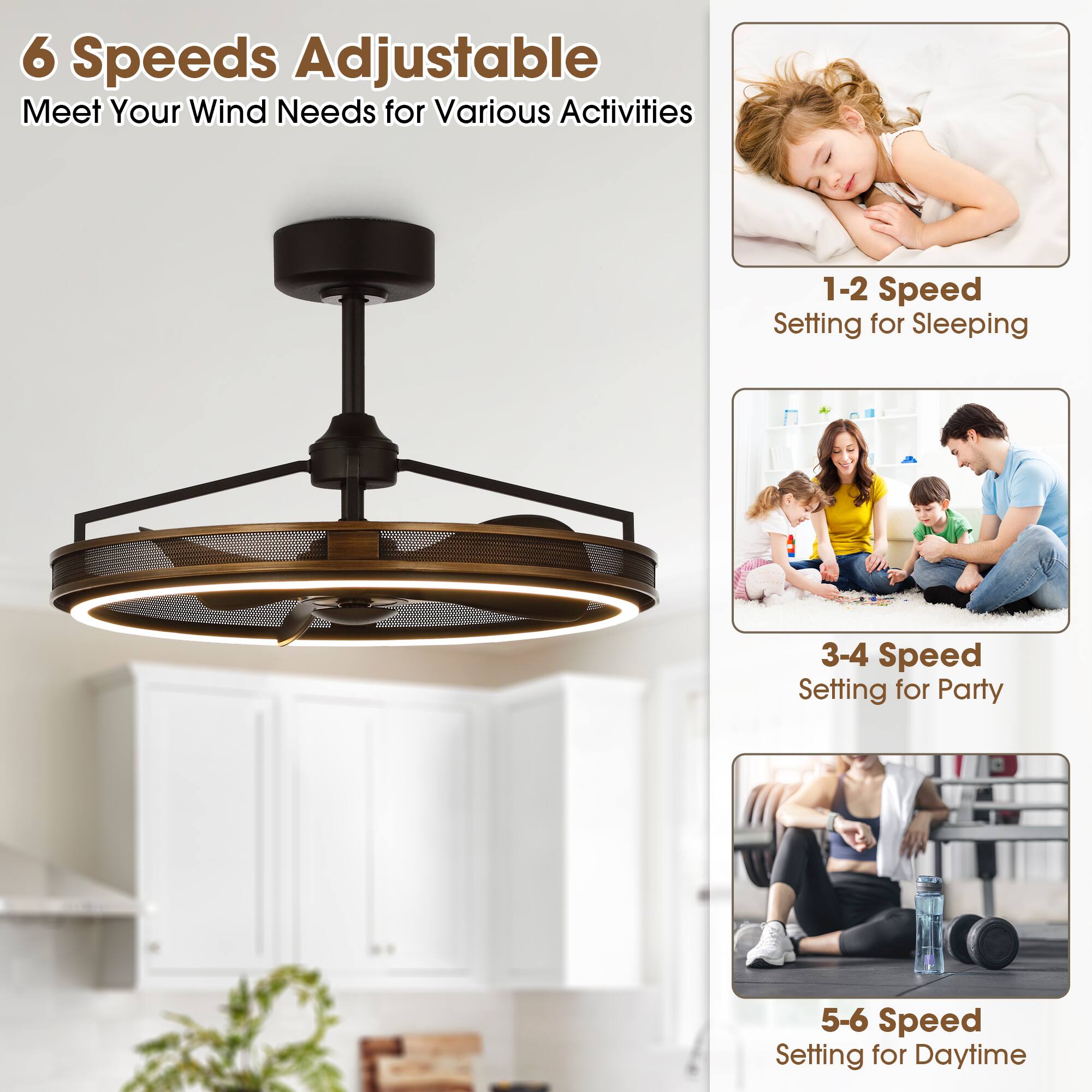 6 Speeds Adjustable  
Meet Your Wind Needs for Various Activities  

1-2 Speed Setting for Sleeping  

3-4 Speed Setting for Party  

5-6 Speed Setting for Daytime