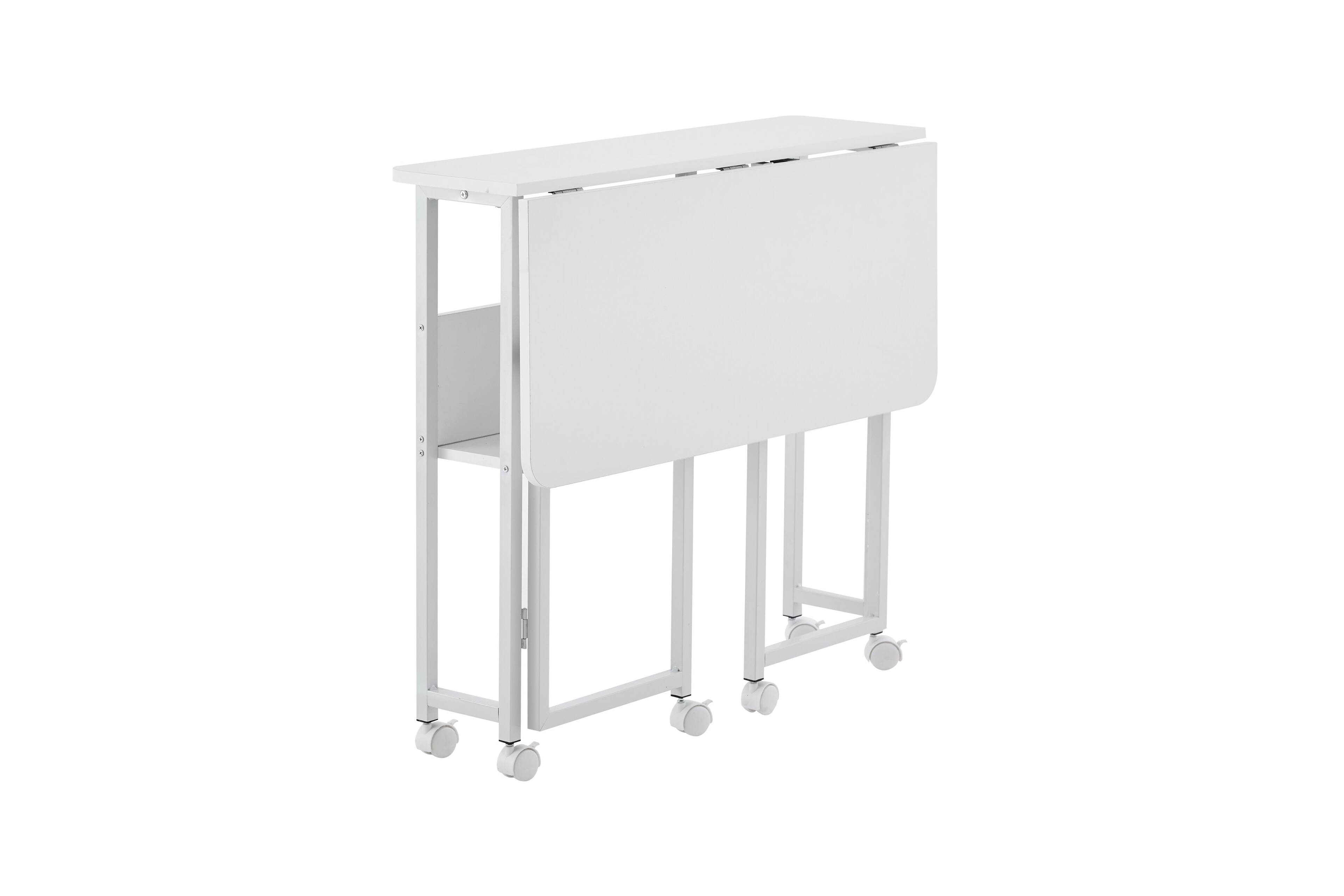 Angle. PexFix - 31.5" Small Folding Desk, Space-Saving Computer Table with Wheels for Home Office & Bedroom - White.