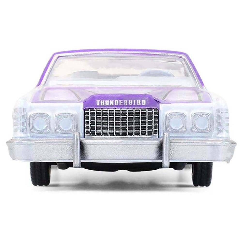 Back. Greenlight - 1973 Ford Thunderbird Lowrider Michael Heralda Edition Purple Metallic with Graphics White Interior 1/64 Series - Purple Metallic.