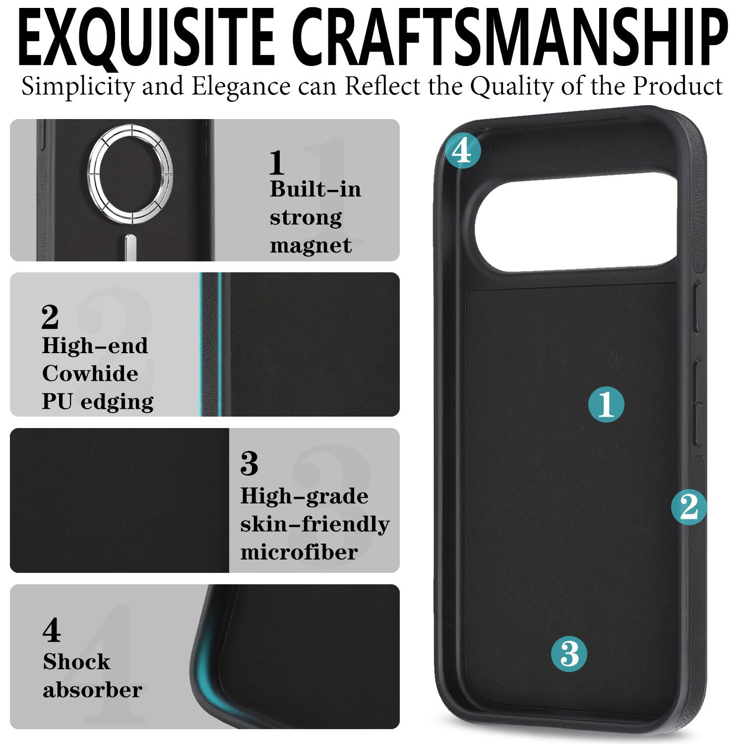 EXQUISITE CRAFTSMANSHIP  
Simplicity and Elegance can Reflect the Quality of the Product

1. Built-in strong magnet  
2. High-end Cowhide PU edging  
3. High-grade skin-friendly microfiber  
4. Shock absorber
