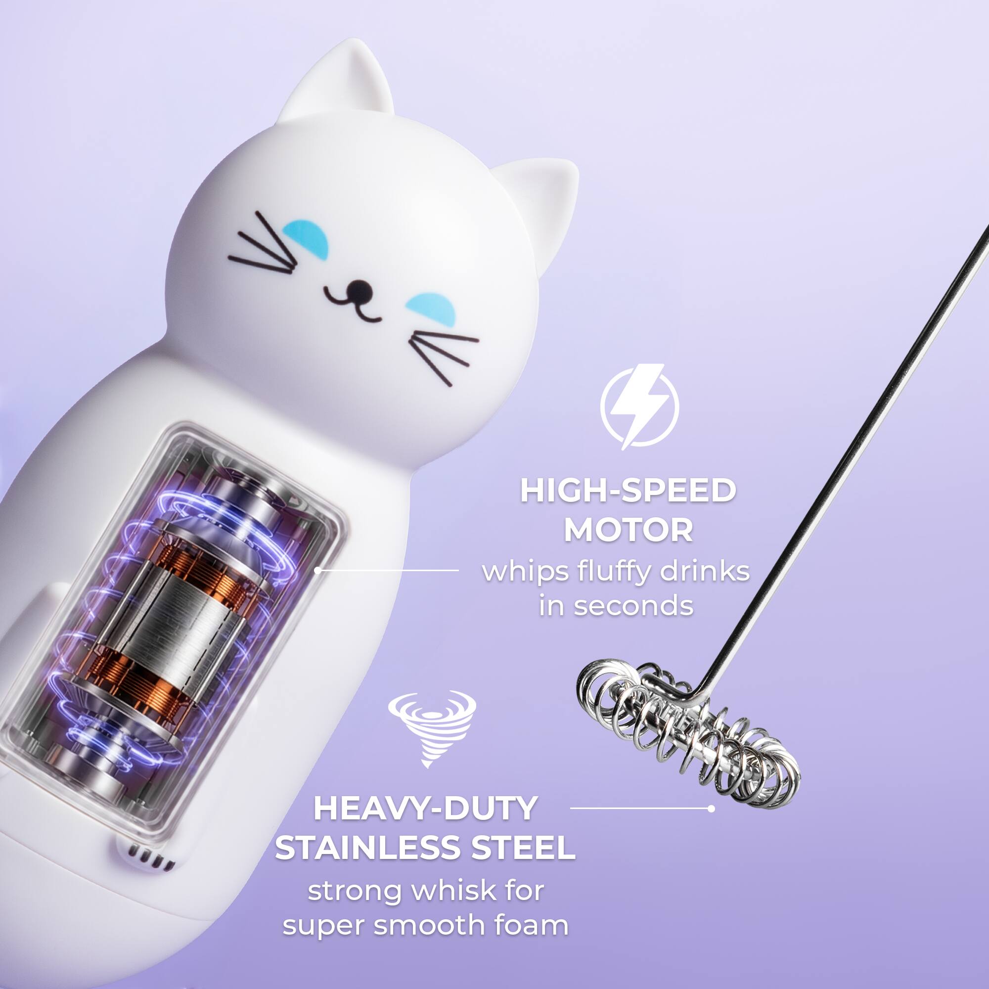 HIGH-SPEED MOTOR whips fluffy drinks in seconds  
HEAVY-DUTY STAINLESS STEEL strong whisk for super smooth foam
