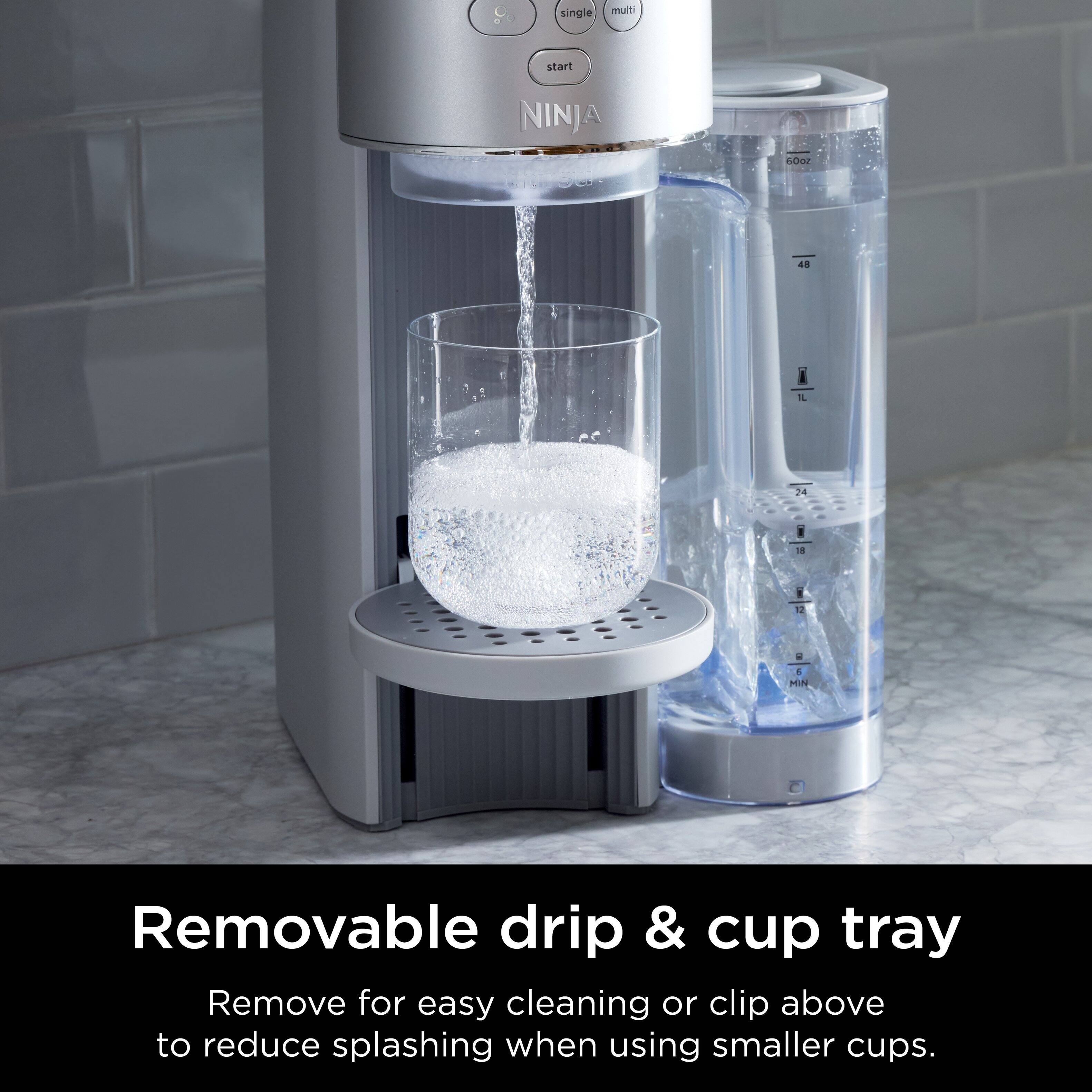 The Ninja coffee maker has a removable drip & cup tray that can be removed for easy cleaning or clipped above to reduce splashing when using smaller cups.