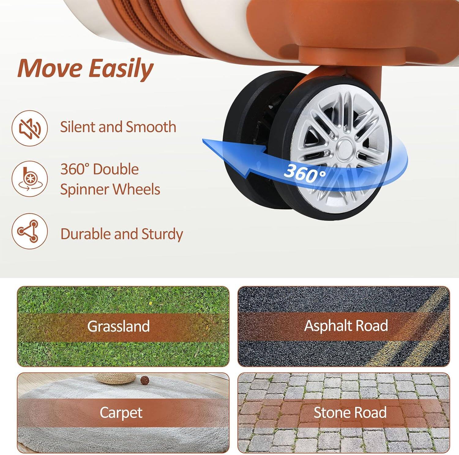 Move Easily

- Silent and Smooth
- 360° Double Spinner Wheels
- Durable and Sturdy

Grassland  
Asphalt Road  
Carpet  
Stone Road