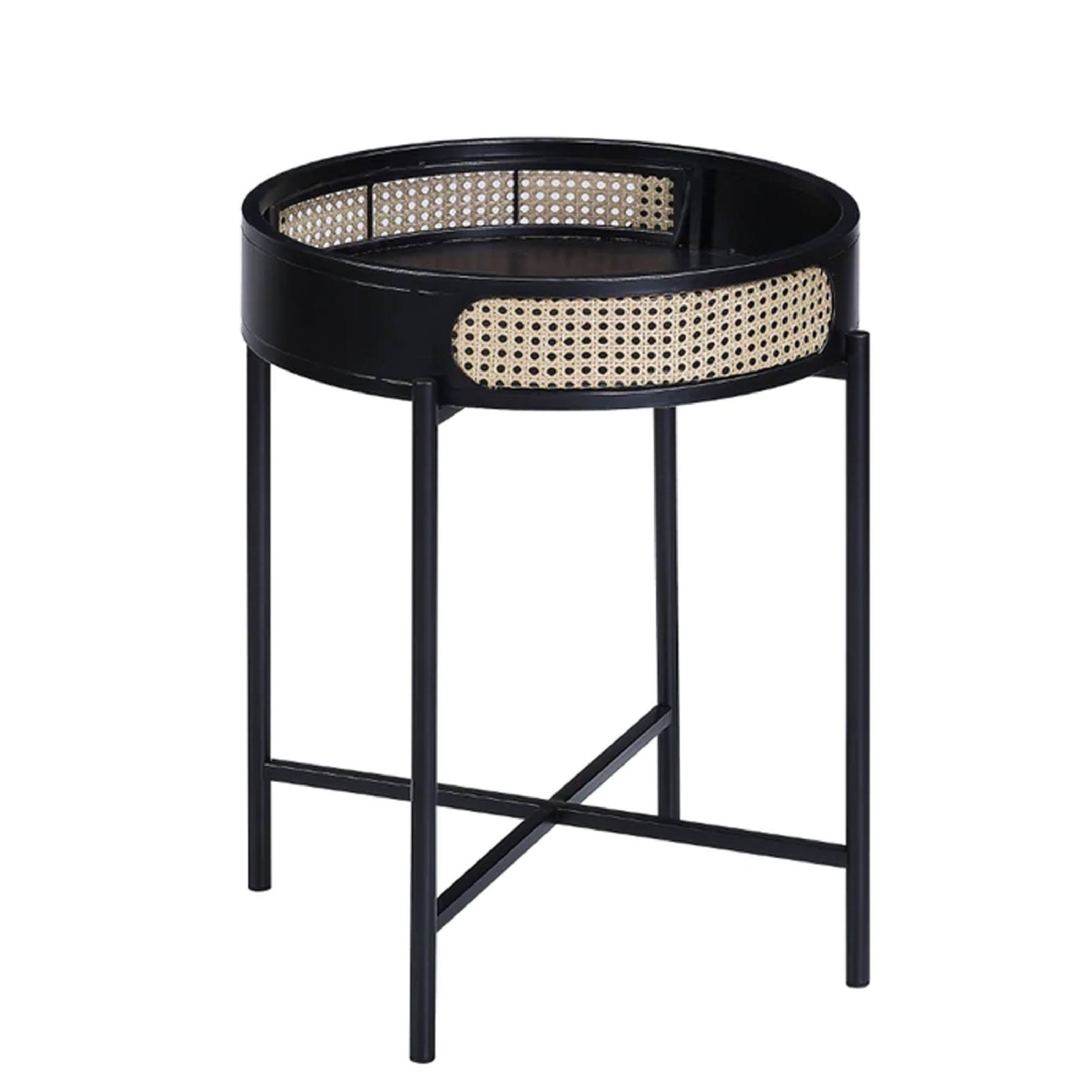 Manhattan Lane - Bert 24 Inch Round End Table, Rattan Apron Accent, Metal Legs - Black