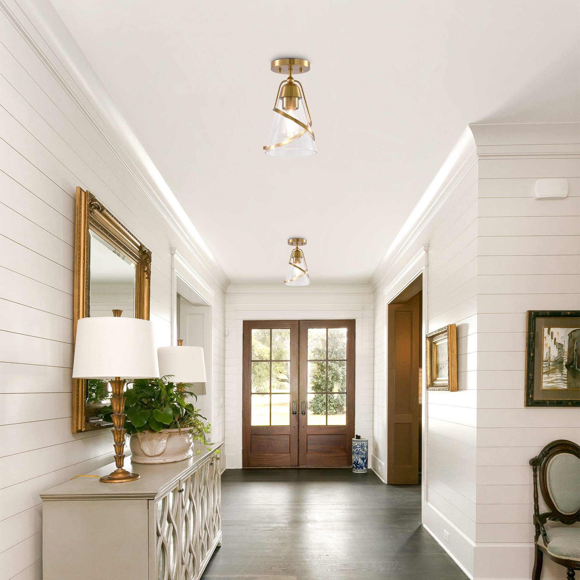 Angle. Parrot Uncle - 7” Gold Glass Shade Semi-Flush Mount Ceiling Light - Gold.