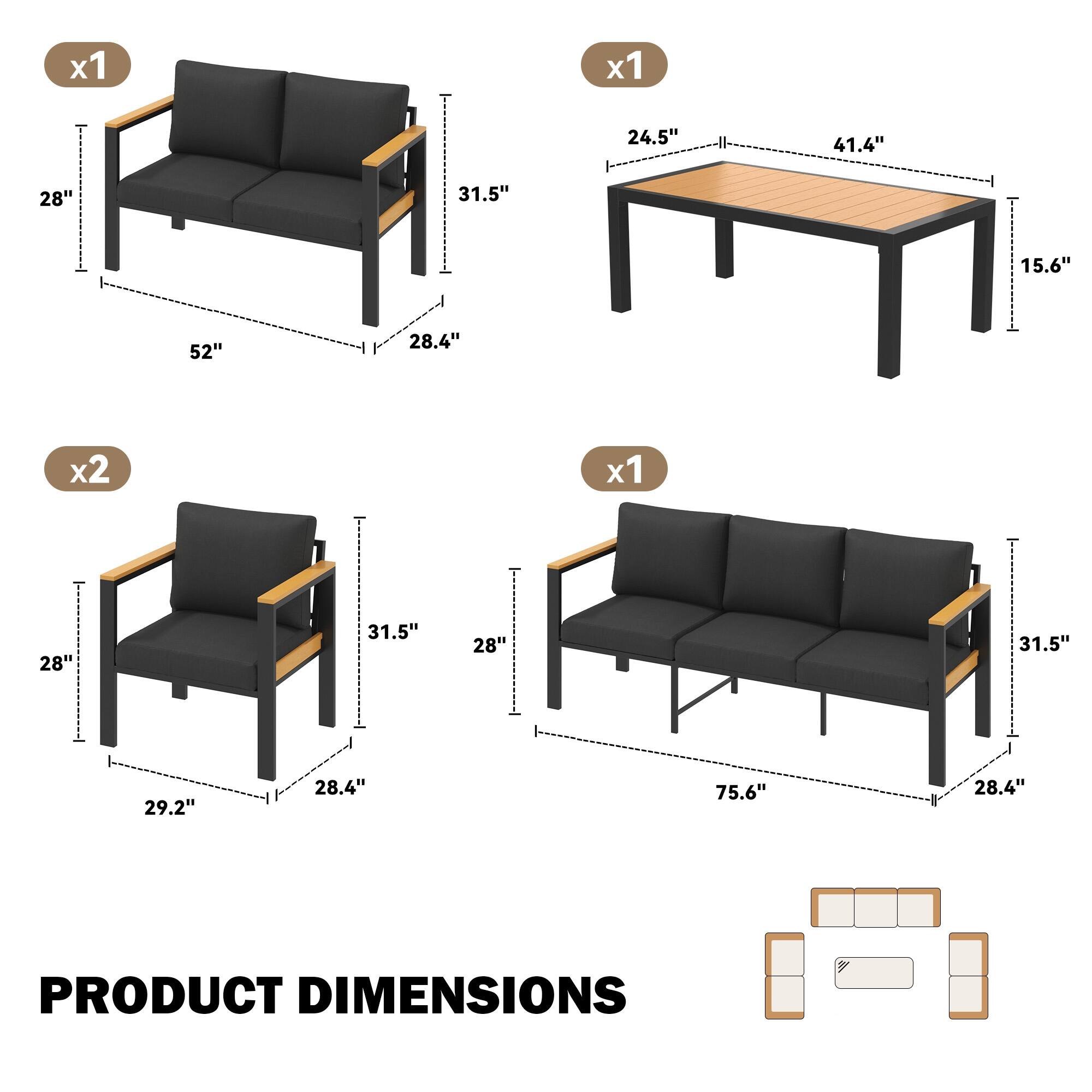 x1  
24.5" 41.4" 28" 31.5" 15.6" 52" 28.4"  
x2  
28" 31.5" 28" 31.5" 29.2" 28.4" 75.6" 28.4"  
PRODUCT DIMENSIONS